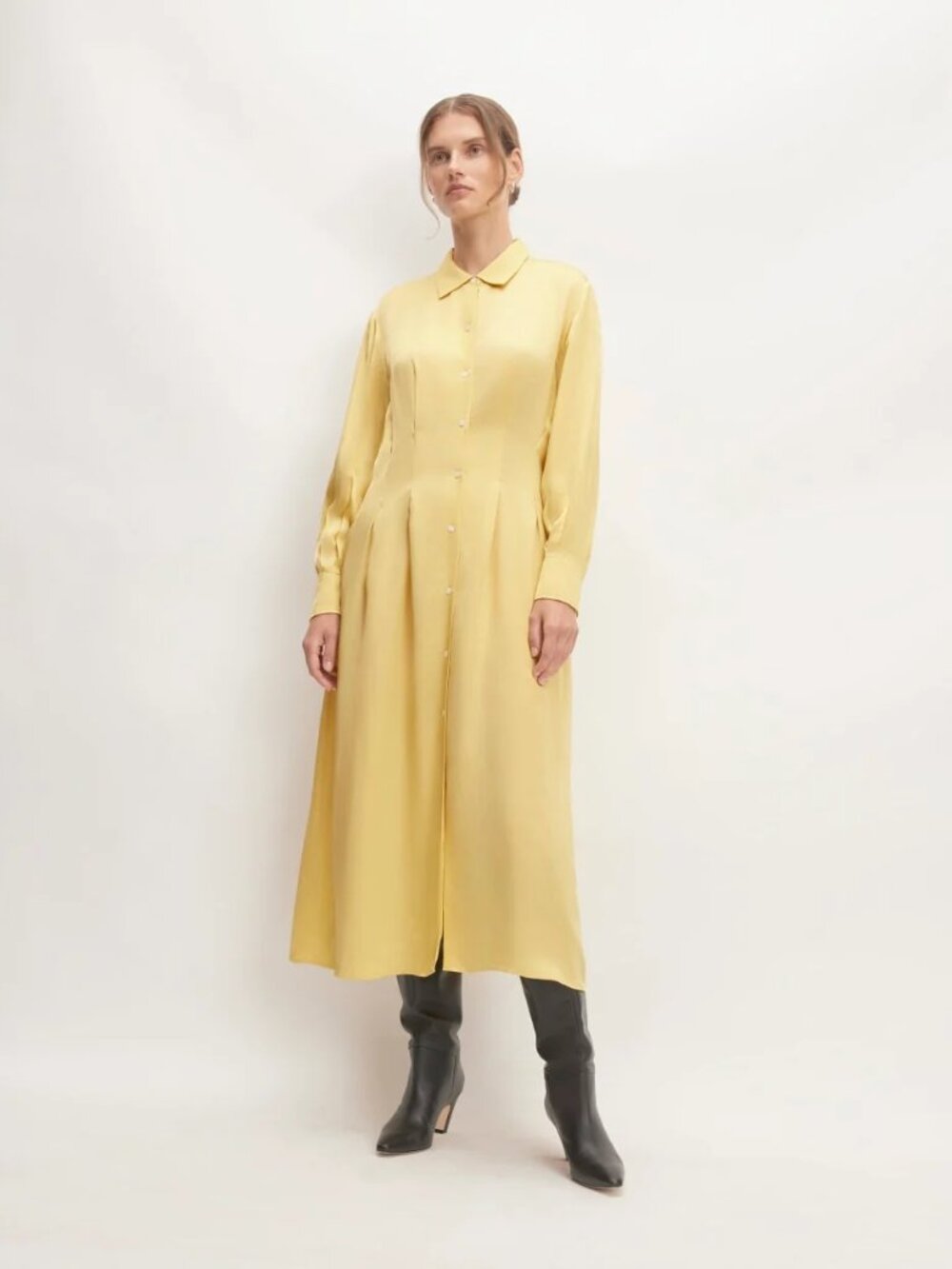 Everlane The Hammered Satin Shirt Dress in Raffia Yellow Size 6